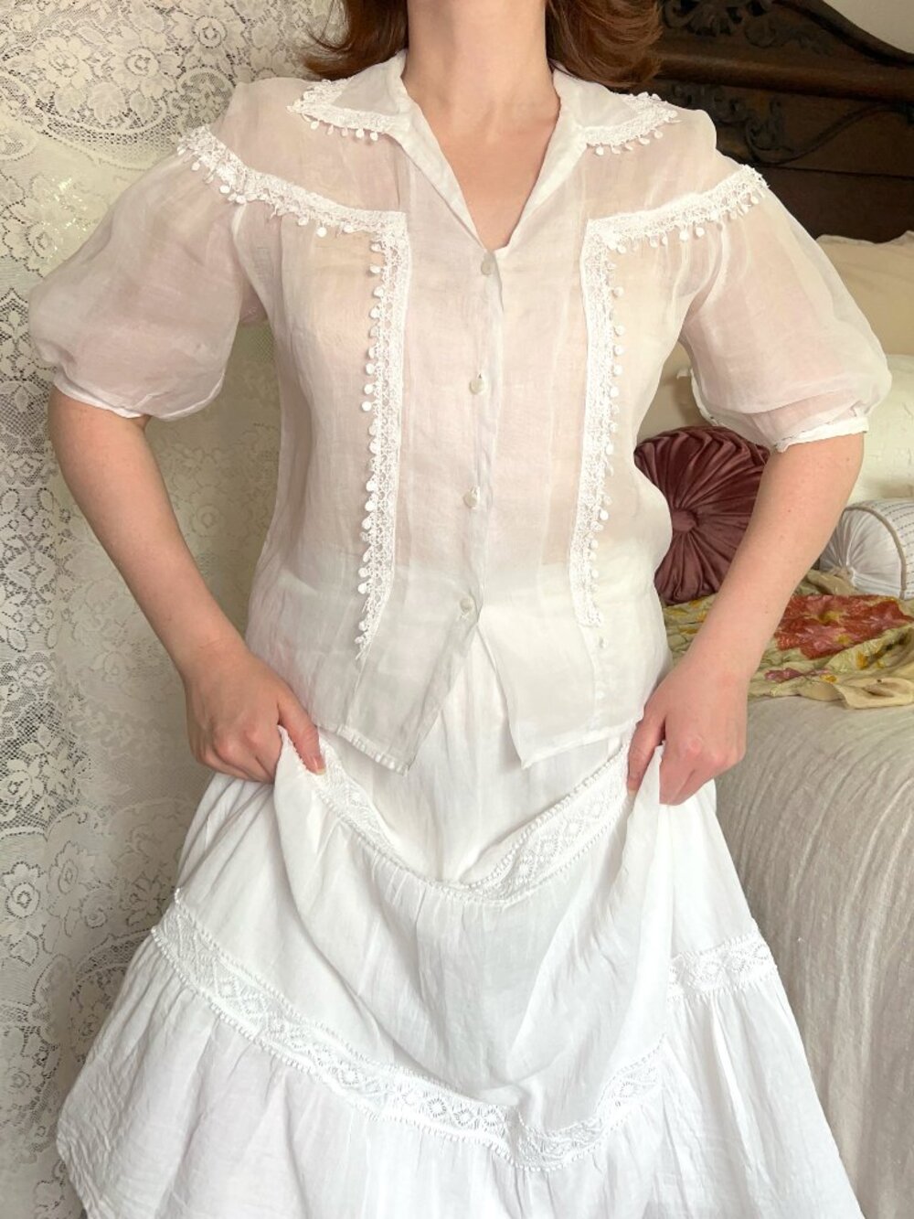 Vintage Sheer White Organdy Cotton Blouse, Edwardian Revival Lace Trim Top